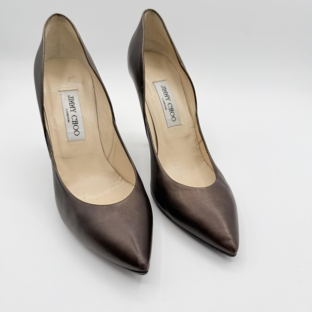 Jimmy‎ Choo Heels Shoes Womens Size 9.5 Brown Leather Pointed Toe Made Italy